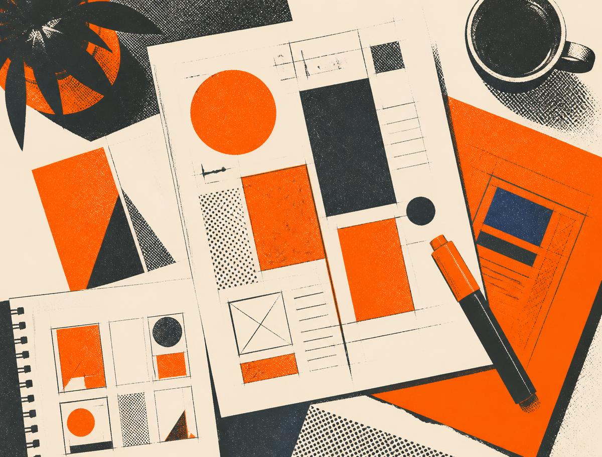 Table de travail : maquettes, croquis de mise en page et marqueur, illustration duotone orange et anthracite