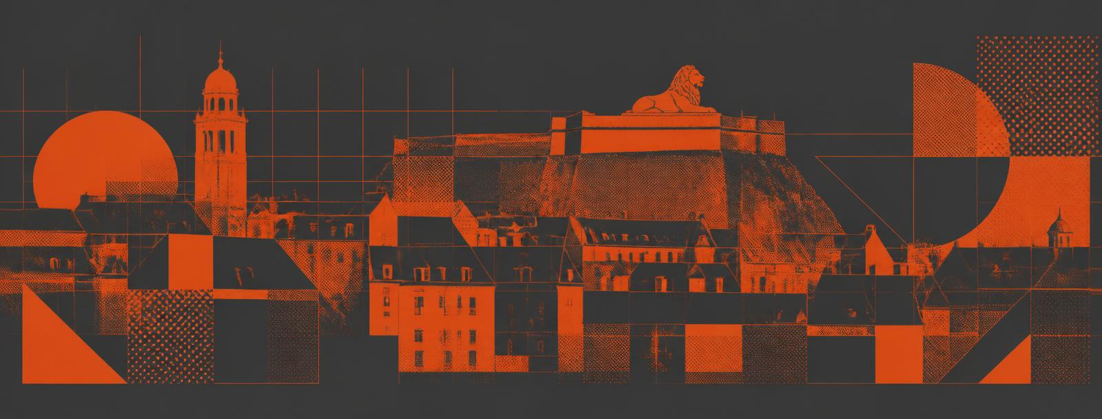 Silhouette graphique des toits et de la citadelle de Belfort, traitement duotone orange sur anthracite