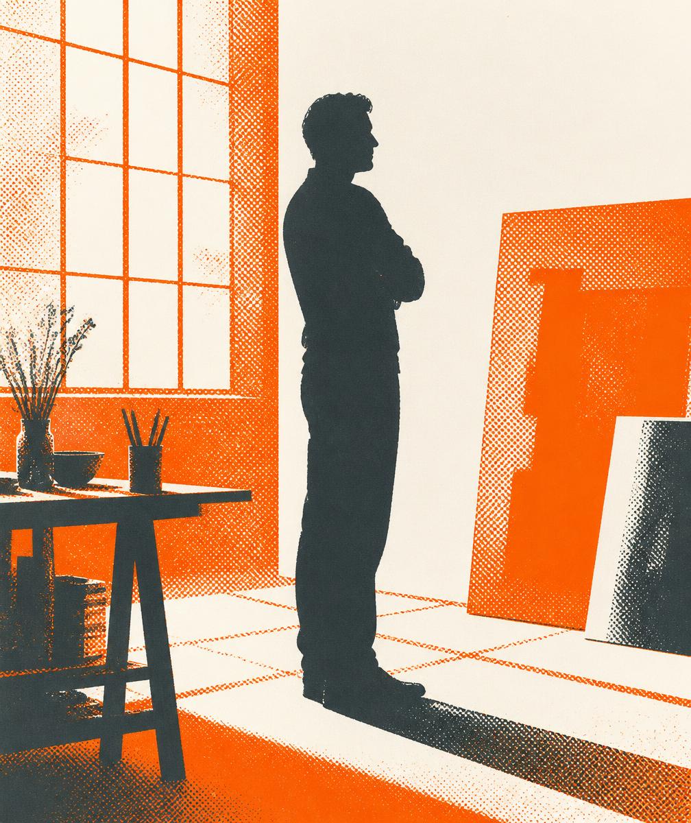 Silhouette d'un homme debout dans un atelier, illustration duotone orange et anthracite