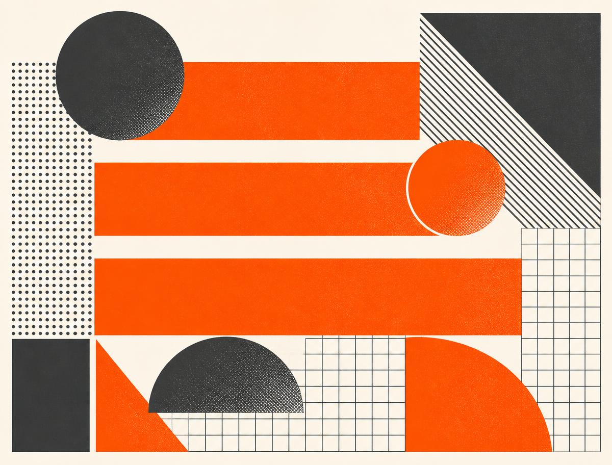 Composition graphique aux couleurs Le Toine : trois barres, cercles et trames
